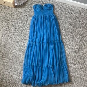 Strapless Blue Pleated Maxi Dress